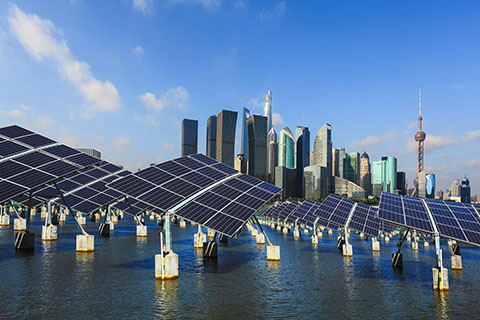A stock photo of solar panels in a bay outside of Shanghai, China.