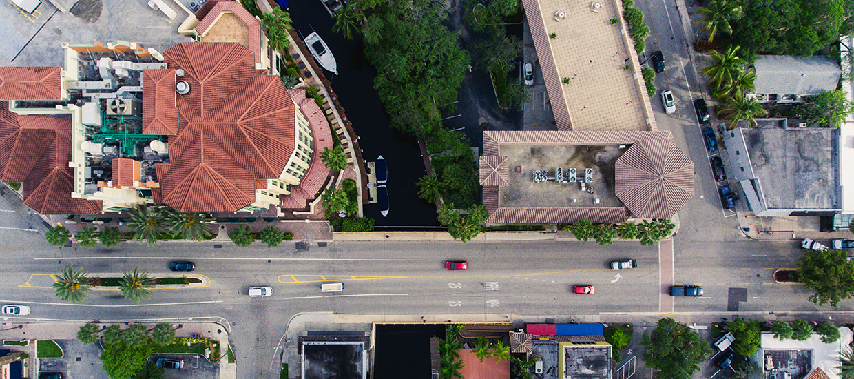 An aerial view of an area of Miami, FL.
